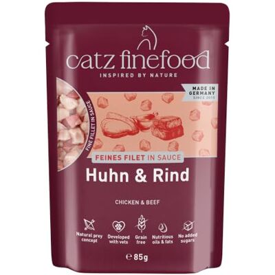 Catz finefood Kip & runder, fijn filet Adult kattenvoer, nat, graanvrij, zonder toevoegingen van suiker, met zonnebloemolie voor een evenwichtige spijsvertering, made in Germany, 16 x 85 g zak Catz finefood Kip & runder, fijn filet Adult kattenvoer, nat, graanvrij, zonder toevoegingen van suiker, met zonnebloemolie voor een evenwichtige spijsvertering, made in Germany, 16 x 85 g zak