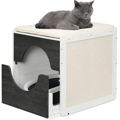 Relaxdays kattenbak ombouw met verbergfunctie, uittrekbare lade, kussen, wit-grijs, 57x50x60 cm Relaxdays kattenbak ombouw met verbergfunctie, uittrekbare lade, kussen, wit-grijs, 57x50x60 cm