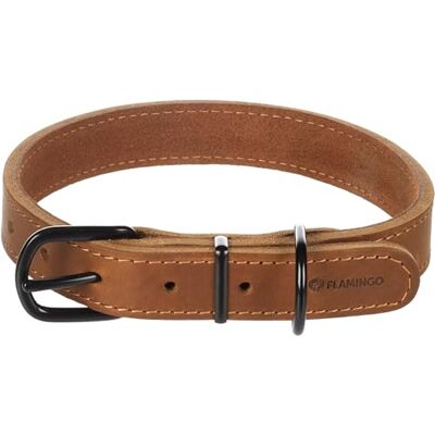 Flamingo Montana Cognac lederen halsband L 43,5-53,5 cm x 25 mm met klinknagels en gesp heeft een zwarte glanzende afwerking Flamingo Montana Cognac lederen halsband L 43,5-53,5 cm x 25 mm met klinknagels en gesp heeft een zwarte glanzende afwerking