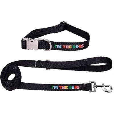 Fisura Set van halsband en riem voor kleine en middelgrote honden met het opschrift "I'm The Boss", verstelbare halsband en riem voor honden, van nylon. Fisura Set van halsband en riem voor kleine en middelgrote honden met het opschrift "I'm The Boss", verstelbare halsband en riem voor honden, van nylon.