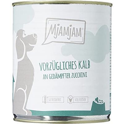 MjAMjAM premium natvoer voor honden uitstekend kalfsvlees met gestoomde courgette, pak van 6 (6 x 800 g), graanvrij met extra vlees MjAMjAM premium natvoer voor honden uitstekend kalfsvlees met gestoomde courgette, pak van 6 (6 x 800 g), graanvrij met extra vlees