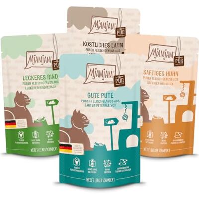 MjAMjAM Premium natvoer voor katten proefpakket puur vleesgenot 1 125 g, 12 stuks (12 x 125 g), natuurlijk met extra veel vlees MjAMjAM Premium natvoer voor katten proefpakket puur vleesgenot 1 125 g, 12 stuks (12 x 125 g), natuurlijk met extra veel vlees