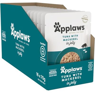 Applaws Natuurlijk Volwassen Kattenvoer met Premium Tonijn en Makreel in Lekkere Gelei Verpakking van 16 x 70g Zakjes Applaws Natuurlijk Volwassen Kattenvoer met Premium Tonijn en Makreel in Lekkere Gelei Verpakking van 16 x 70g Zakjes