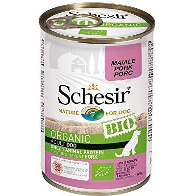 Schesir Biologisch natvoer voor volwassen honden, geselecteerde varkenspaté zonder granen, 6 blikjes à 400 g (in totaal 2,4 kg) Schesir Biologisch natvoer voor volwassen honden, geselecteerde varkenspaté zonder granen, 6 blikjes à 400 g (in totaal 2,4 kg)