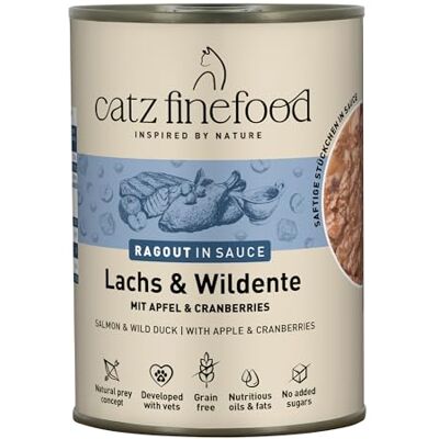 Catz finefood Ragout N° 605 Zalm & Eend kattenvoer nat fijnkost natvoer voor katten in saus zonder granen en suiker met een hoog vleesgehalte, 6 x 380 g blik Catz finefood Ragout N° 605 Zalm & Eend kattenvoer nat fijnkost natvoer voor katten in saus zonder granen en suiker met een hoog vleesgehalte, 6 x 380 g blik