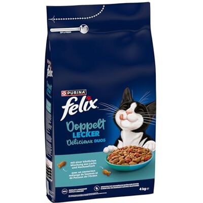 Felix Dubbel lekker kattenvoer droog, met zalm, zeevis en rijk aan rode biet, 4-pack (4 x 4 kg) Felix Dubbel lekker kattenvoer droog, met zalm, zeevis en rijk aan rode biet, 4-pack (4 x 4 kg)