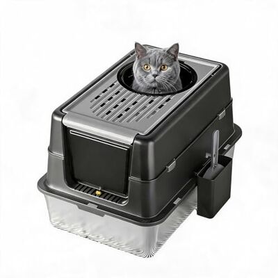 Garvee XL kattenbak van roestvrij staal, klapdeksel 180°, anti-aanbaklaag, hoge rand, geurcontrole, gemakkelijk te reinigen, schep inbegrepen, diepzwart, 60 x 40 x 43,5 cm, diepzwart Garvee XL kattenbak van roestvrij staal, klapdeksel 180°, anti-aanbaklaag, hoge rand, geurcontrole, gemakkelijk te reinigen, schep inbegrepen, diepzwart, 60 x 40 x 43,5 cm, diepzwart