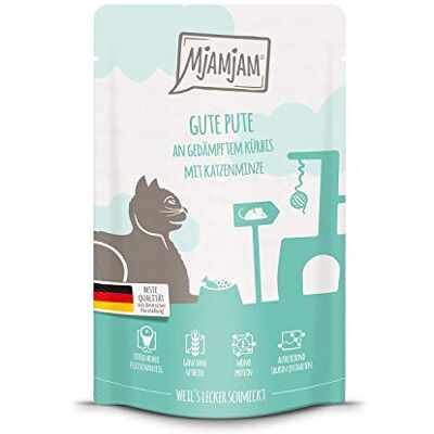 MjAMjAM Premium natvoer voor katten knijpen goede kalkoen aan gedempte pompoen, per stuk verpakt (1 x 125 g), graanvrij met extra veel vlees MjAMjAM Premium natvoer voor katten knijpen goede kalkoen aan gedempte pompoen, per stuk verpakt (1 x 125 g), graanvrij met extra veel vlees