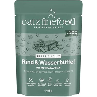 Catz finefood Rind & waterbuffel Classic Adult kattenvoer, nat, gluten- en graanvrij, zonder toevoegingen van suiker, premium natvoer voor katten, made in Germany, 16 x 85 g zak Catz finefood Rind & waterbuffel Classic Adult kattenvoer, nat, gluten- en graanvrij, zonder toevoegingen van suiker, premium natvoer voor katten, made in Germany, 16 x 85 g zak
