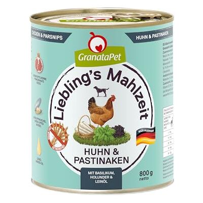 GranataPet Lieblings's Maaltijd kip & pastinaak, natvoer voor honden, hondenvoer zonder granen en zonder suikertoevoegingen, volledig voer, 6 x 800 g GranataPet Lieblings's Maaltijd kip & pastinaak, natvoer voor honden, hondenvoer zonder granen en zonder suikertoevoegingen, volledig voer, 6 x 800 g