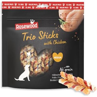 Rosewood Trio Sticks Kip Medium Stevige Kauwsticks met Kip, Runderhuid Kauwsnack voor Grote Honden, Ondersteunt Gebitsverzorging, Zonder Granen, Zonder Kunstmatige Toevoegingen, 450 g Rosewood Trio Sticks Kip Medium Stevige Kauwsticks met Kip, Runderhuid Kauwsnack voor Grote Honden, Ondersteunt Gebitsverzorging, Zonder Granen, Zonder Kunstmatige Toevoegingen, 450 g