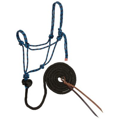Weaver Equine Weaver Leather Diamond Braid Rope Halter en Lead, Zwart/Hurricane Blue Weaver Equine Weaver Leather Diamond Braid Rope Halter en Lead, Zwart/Hurricane Blue