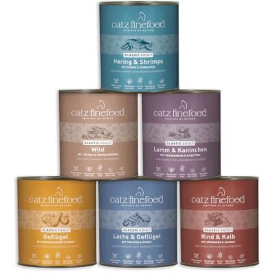 Catz finefood Classic Collection Kattenvoer, natmix pakket, gourmet natvoer voor je kat zonder suiker en granen, glutenvrij, met een hoog vleesgehalte, Made in Germany (6 x 800 g blikjes) Catz finefood Classic Collection Kattenvoer, natmix pakket, gourmet natvoer voor je kat zonder suiker en granen, glutenvrij, met een hoog vleesgehalte, Made in Germany (6 x 800 g blikjes)