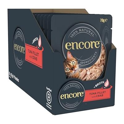 ENCORE 100% natuurlijk premium natvoer voor katten met sappige tonijn en Pacifische krabben in bouillon, verpakking met 16 x 70 g zakjes ENCORE 100% natuurlijk premium natvoer voor katten met sappige tonijn en Pacifische krabben in bouillon, verpakking met 16 x 70 g zakjes