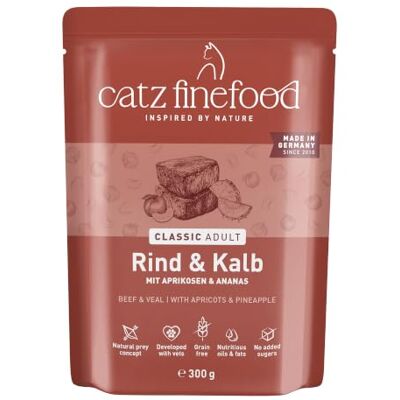 Catz finefood N° 7 Rund- & kalf, fijn voedsel, nat kattenvoer, premium natvoer voor katten zonder granen en suiker, met een hoog vleesgehalte (6 x 300 g zak) Catz finefood N° 7 Rund- & kalf, fijn voedsel, nat kattenvoer, premium natvoer voor katten zonder granen en suiker, met een hoog vleesgehalte (6 x 300 g zak)