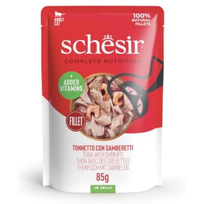 Schesir , Tonijn met garnalen in gelei, compleet natvoer voor katten, in zak, 100% natuurlijke ingrediënten, dierproefvrij, 12 x 85 g Schesir , Tonijn met garnalen in gelei, compleet natvoer voor katten, in zak, 100% natuurlijke ingrediënten, dierproefvrij, 12 x 85 g