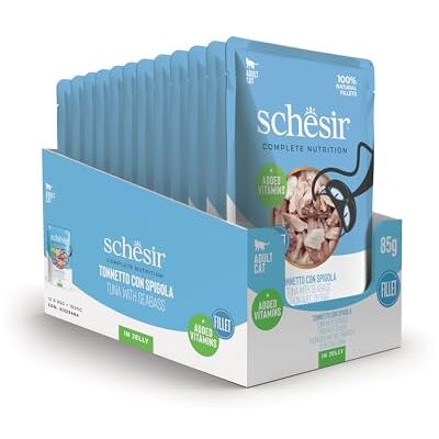 Schesir , Tonijn met rand in gelei, compleet natvoer voor katten, in zak, 100% natuurlijke ingrediënten, dierproefvrij, 12 x 85 g Schesir , Tonijn met rand in gelei, compleet natvoer voor katten, in zak, 100% natuurlijke ingrediënten, dierproefvrij, 12 x 85 g