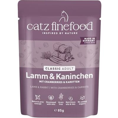 Catz finefood N° 11 Lam & Konijn Fijnvoer Kattenvoer Nat, verfijnd met veenbessen & wortel, 16 x 85 g zak Catz finefood N° 11 Lam & Konijn Fijnvoer Kattenvoer Nat, verfijnd met veenbessen & wortel, 16 x 85 g zak