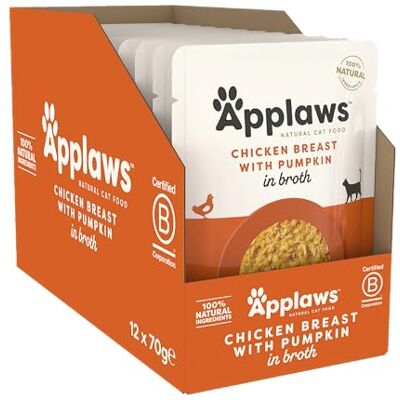 Applaws 100% Natuurlijk Nat Kattenvoer voor Volwassen Katten Kipfilet & Pompoenbouillon Verpakking van 12 x 70g Zakjes Applaws 100% Natuurlijk Nat Kattenvoer voor Volwassen Katten Kipfilet & Pompoenbouillon Verpakking van 12 x 70g Zakjes