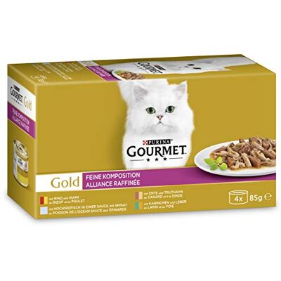 Gourmet Gold Luxe mix Kattenvoer, Natvoer met Rund en Kip, Eend en Kalkoen, Konijn en Lever, Zeevis in Saus met Spinazie 4x85g doos van 12 (48 blikjes; 4,08kg) Kattenvoer nat Gourmet Gold Luxe mix Kattenvoer, Natvoer met Rund en Kip, Eend en Kalkoen, Konijn en Lever, Zeevis in Saus met Spinazie 4x85g doos van 12 (48 blikjes; 4,08kg) Kattenvoer nat