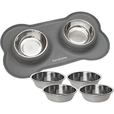 KaraLuna Bakmat van siliconen met roestvrijstalen voerbak, voor katten en honden, 200 ml, grijs KaraLuna Bakmat van siliconen met roestvrijstalen voerbak, voor katten en honden, 200 ml, grijs