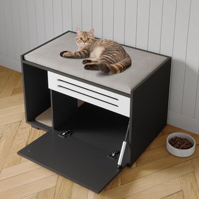 Garvee Grote kattenbak, modern design met klapdeur en geventileerd paneel, verborgen oplossing voor kattenbak en hygiënische kast, bescherming tegen honden, zwart Garvee Grote kattenbak, modern design met klapdeur en geventileerd paneel, verborgen oplossing voor kattenbak en hygiënische kast, bescherming tegen honden, zwart
