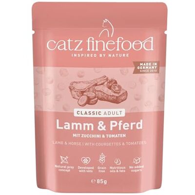 Catz finefood N° 19 Lam & Paard Fijnvoer Kattenvoer Nat, verfijnd met courgette & tomaat, 16 x 85 g zak Catz finefood N° 19 Lam & Paard Fijnvoer Kattenvoer Nat, verfijnd met courgette & tomaat, 16 x 85 g zak