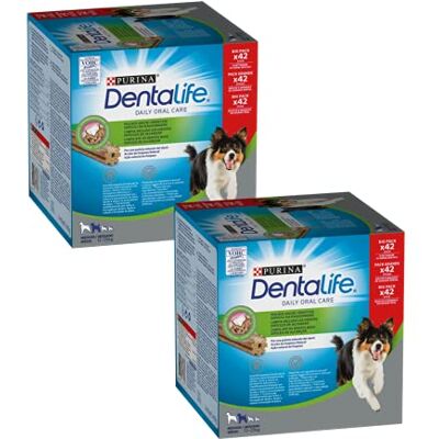 Purina DENTALIFE Daily Oral Care Snack voor mondhygiëne voor honden en volwassenen, middelgrote maat, 2 verpakkingen met 42 sticks Purina DENTALIFE Daily Oral Care Snack voor mondhygiëne voor honden en volwassenen, middelgrote maat, 2 verpakkingen met 42 sticks