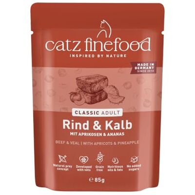 Catz finefood N° 7 rund & kalf fijnvoedsel kattenvoer nat, verfijnd met abrikoos & ananas, 16 x 85 g zak Catz finefood N° 7 rund & kalf fijnvoedsel kattenvoer nat, verfijnd met abrikoos & ananas, 16 x 85 g zak