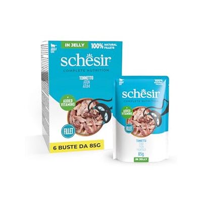 Schesir , Tonijnfilets in gelei, compleet natvoer voor katten, in zak, 100% natuurlijke ingrediënten, dierproefvrij, 6 x 85 g Schesir , Tonijnfilets in gelei, compleet natvoer voor katten, in zak, 100% natuurlijke ingrediënten, dierproefvrij, 6 x 85 g