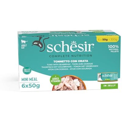 Schesir , Skipjacktonijn Met Goudbrasem In Gelei, Volledig Natvoer Voor Katten, In Blik, Met Toegevoegde Vitaminen, 100% Natuurlijke Filets, Cruelty-Free, 6 x 50 g Schesir , Skipjacktonijn Met Goudbrasem In Gelei, Volledig Natvoer Voor Katten, In Blik, Met Toegevoegde Vitaminen, 100% Natuurlijke Filets, Cruelty-Free, 6 x 50 g
