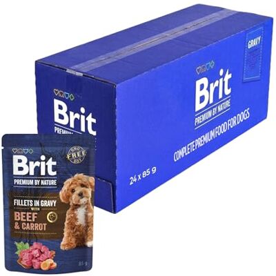 Brit Premium by Nature Natvoer voor volwassen honden, filets in saus, rundvlees en wortelen, compleet voer, ondersteunt de spijsvertering, 24 x 85 g Zachte runderfilets in een heerlijke saus bevorderen de spijsvertering en het welzijn en bevorderen de v Brit Premium by Nature Natvoer voor volwassen honden, filets in saus, rundvlees en wortelen, compleet voer, ondersteunt de spijsvertering, 24 x 85 g Zachte runderfilets in een heerlijke saus bevorderen de spijsvertering en het welzijn en bevorderen de v