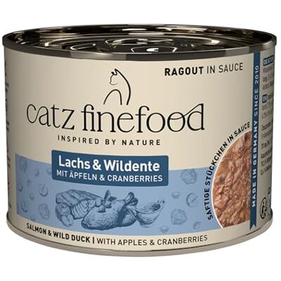 Catz finefood Ragout N° 605 Zalm & Eend kattenvoer nat fijnvoeding natvoer voor katten in saus zonder granen en suiker met een hoog vleesgehalte, 6 x 190 g blik Catz finefood Ragout N° 605 Zalm & Eend kattenvoer nat fijnvoeding natvoer voor katten in saus zonder granen en suiker met een hoog vleesgehalte, 6 x 190 g blik