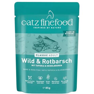 Catz finefood N° 21 Wild & Roodbaars Fijnvoer Kattenvoer Nat, verfijnd met aardappel & bosbessen, 16 x 85 g zak Catz finefood N° 21 Wild & Roodbaars Fijnvoer Kattenvoer Nat, verfijnd met aardappel & bosbessen, 16 x 85 g zak