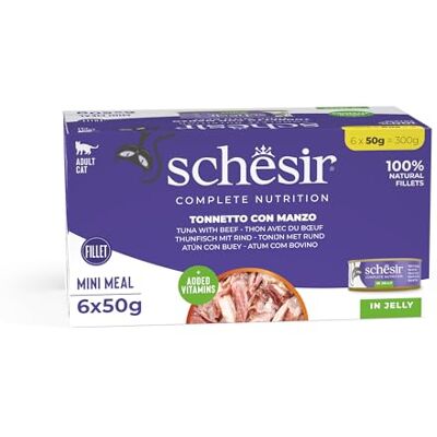Schesir , Tonijn Met Rundvlees In Gelei, Volledig Natvoer Voor Katten, Met Toegevoegde Vitaminen, 100% Natuurlijk, Cruelty-Free, 6 x 50 g Schesir , Tonijn Met Rundvlees In Gelei, Volledig Natvoer Voor Katten, Met Toegevoegde Vitaminen, 100% Natuurlijk, Cruelty-Free, 6 x 50 g