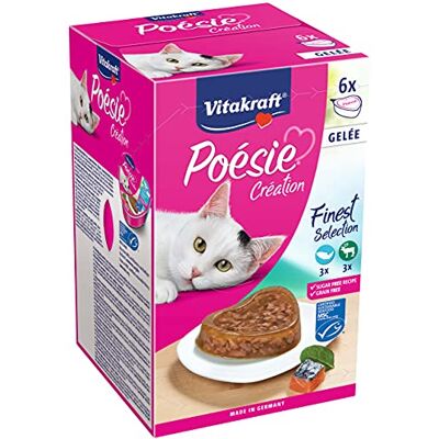Vitakraft Poésie Création, Multipack Gelei MSC, Natvoer kat, natvoer gelei, met zalm en spinazie, met wild in veenbessengelei, zonder toegevoegde suiker en granen (1 pakje van 6x 85g) Vitakraft Poésie Création, Multipack Gelei MSC, Natvoer kat, natvoer gelei, met zalm en spinazie, met wild in veenbessengelei, zonder toegevoegde suiker en granen (1 pakje van 6x 85g)
