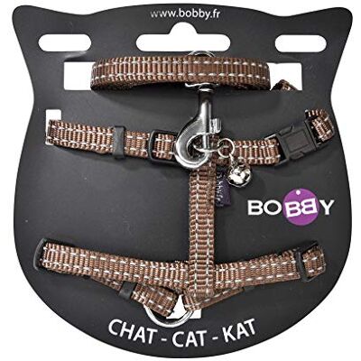 Bobby Safe Set met harnas en riem voor katten, lekvrij, reflecterend, duurzaam, bruin, borstomvang 25-38, riemdikte 1 cm Bobby Safe Set met harnas en riem voor katten, lekvrij, reflecterend, duurzaam, bruin, borstomvang 25-38, riemdikte 1 cm