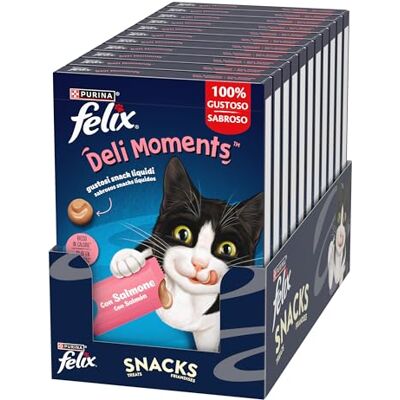 Felix Deli Moments Snack voor volwassen katten met zalm, 44 verpakkingen à 10 g Vloeibaar aanvullend voer voor katten met zalm Felix Deli Moments Snack voor volwassen katten met zalm, 44 verpakkingen à 10 g Vloeibaar aanvullend voer voor katten met zalm