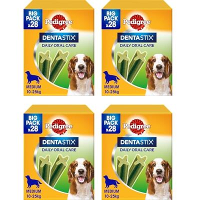 Pedigree Dentastix Fresh 112 snacks voor mondhygiëne (middelgrote hond 10-25 kg) 180 g 28 stuks 4 verpakkingen van 28 (in totaal 112 stuks) Pedigree Dentastix Fresh 112 snacks voor mondhygiëne (middelgrote hond 10-25 kg) 180 g 28 stuks 4 verpakkingen van 28 (in totaal 112 stuks)