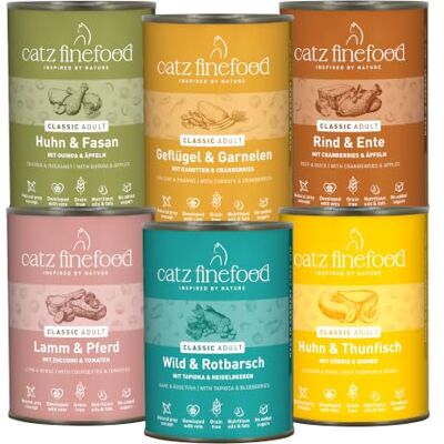 Catz finefood Fijnkost Multipack II Kattenvoer, Kip, Tonijn, Rund, Roodbaars, Lam, Garnalen en Wild, 6 x 400 g Blik Catz finefood Fijnkost Multipack II Kattenvoer, Kip, Tonijn, Rund, Roodbaars, Lam, Garnalen en Wild, 6 x 400 g Blik