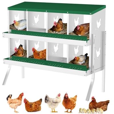 Garvee Nestkast voor kippen en legkippen met 8 vakken met steunpoten, nestkast van verzinkt staal met automatische eierverzameling, groen dak en afneembare dienbladen voor kippenhok voor buiten Garvee Nestkast voor kippen en legkippen met 8 vakken met steunpoten, nestkast van verzinkt staal met automatische eierverzameling, groen dak en afneembare dienbladen voor kippenhok voor buiten