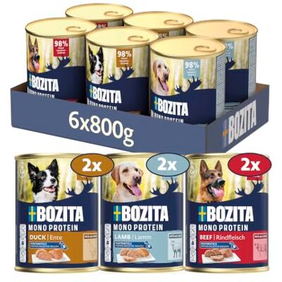 Bozita Paté voor honden Single Protein Mixpack, 6 x 800 g, rundvlees, eend en lam, volwaardig natvoer met postbiotica, multipack voor grote honden Bozita Paté voor honden Single Protein Mixpack, 6 x 800 g, rundvlees, eend en lam, volwaardig natvoer met postbiotica, multipack voor grote honden