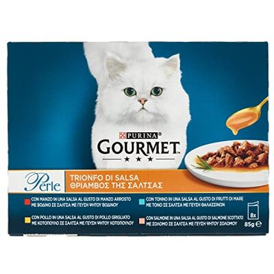 Gourmet PURINA PERLES Natte kat Triumph Saus met rundvlees, kip, zalm, tonijn, 8 enveloppen van 85 g (8 x 85 g) Gourmet PURINA PERLES Natte kat Triumph Saus met rundvlees, kip, zalm, tonijn, 8 enveloppen van 85 g (8 x 85 g)