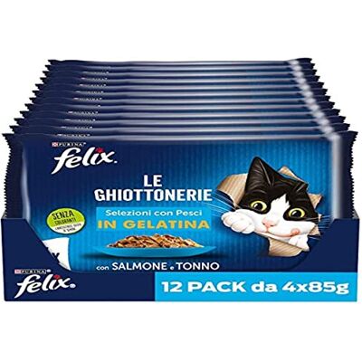 Felix Le Ghiottonerie natvoer voor katten voor volwassenen, lekkernijen in gelei met zalm en tonijn, 48 zakjes à 85 g Felix Le Ghiottonerie natvoer voor katten voor volwassenen, lekkernijen in gelei met zalm en tonijn, 48 zakjes à 85 g