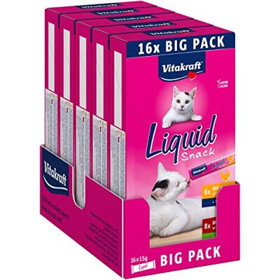 Vitakraft Vloeibare snack voor katten, kattenlekkernijen in multipack, romige textuur met hartig rund en verteerbare kip, 5 verpakkingen (16 x 15 g) Vitakraft Vloeibare snack voor katten, kattenlekkernijen in multipack, romige textuur met hartig rund en verteerbare kip, 5 verpakkingen (16 x 15 g)