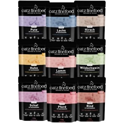 Catz finefood Purrrrr Collection Kattenvoer nat XXL mix-pakket Gourmet natvoer voor je kat zonder suiker en granen, glutenvrij en monoproteïne met een hoog vleesgehalte (zak van 24 x 85 g) Catz finefood Purrrrr Collection Kattenvoer nat XXL mix-pakket Gourmet natvoer voor je kat zonder suiker en granen, glutenvrij en monoproteïne met een hoog vleesgehalte (zak van 24 x 85 g)