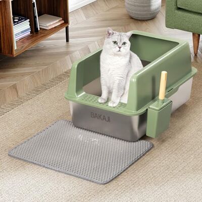 BAKAJI XXL open kattenbak met stalen basis met zandwerende rand, schep en bak, vuilafstotende mat, antislip onderkant, inhoud 35 l, 60 x 40 x 30 cm BAKAJI XXL open kattenbak met stalen basis met zandwerende rand, schep en bak, vuilafstotende mat, antislip onderkant, inhoud 35 l, 60 x 40 x 30 cm