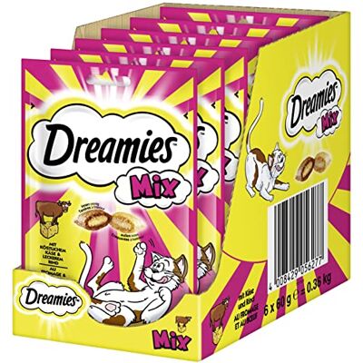 Dreamies Mix Kattensnacks met Rund & Kaas Krokant van buiten & Romig van binnen 6 x 60g Dreamies Mix Kattensnacks met Rund & Kaas Krokant van buiten & Romig van binnen 6 x 60g