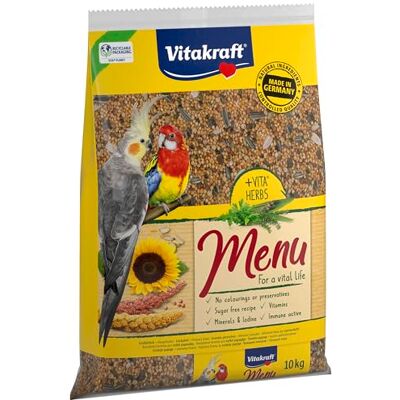 Vitakraft Menu 10 kg, hoofdvoer voor grote parkieten, met vitaminen, met immuun-actief complex en kruiden (1 x 10 kg) Vitakraft Menu 10 kg, hoofdvoer voor grote parkieten, met vitaminen, met immuun-actief complex en kruiden (1 x 10 kg)