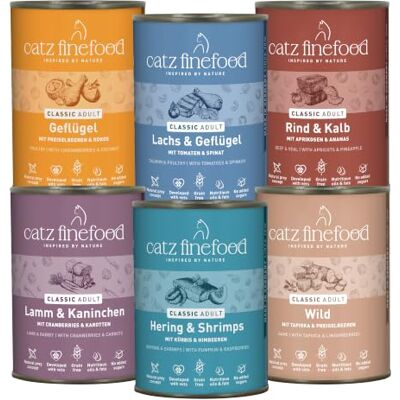 Catz finefood Fijnkost Kattenvoer Nat Multipack 1, Verschillende Soorten Mixpakket 1 Met Gevogelte, Kalf, Haring, Wild, Zalm, Konijn, 6 X 400 G Dozen Catz finefood Fijnkost Kattenvoer Nat Multipack 1, Verschillende Soorten Mixpakket 1 Met Gevogelte, Kalf, Haring, Wild, Zalm, Konijn, 6 X 400 G Dozen